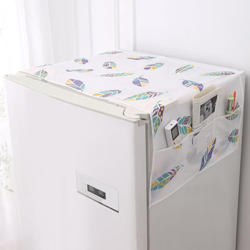 Image of HOKIPO Small Fridge Cover Top | For Smaller Single Door and Smaller Double Door Refrigerator - Waterproof, Printed with 6 Side Pockets, Size Small 130x55 cm, Boho Feathers (NEW-AR-5875-D5)