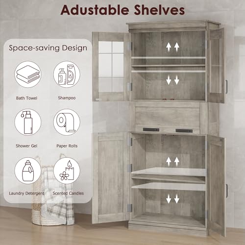 GAOMON 67" Tall Bathroom Cabinet with 4 Doors & Flip Glass Drawer, Storage Cabinet with Adjustable Shelves, Freestanding Organizer for Kitchen, Pantry, Living Room (Gray)