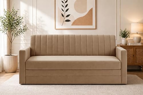 Image of Modern Velvet 3-Seater Sofa Cum Bed with Armrest, Convertible Sleeper Couch Sofa for Living Room, Bedroom & Office-Golden