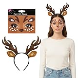 Disfraz de ciervo de 2 piezas para mujer: diadema de cuernos + tatuaje facial, perfecto para carnaval, carnaval y fiesta temática. Disfraz de ciervo realista con orejas de ciervo y detalles de