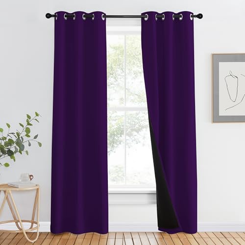Image of NICETOWN 100% Blackout Curtains with Black Liner Backing, Thermal Insulated Curtains for Living Room, Noise Reducing Drapes, Royal Purple, 37 inch Wide x 80 inch Long Per Panel, Set of 2 Panels