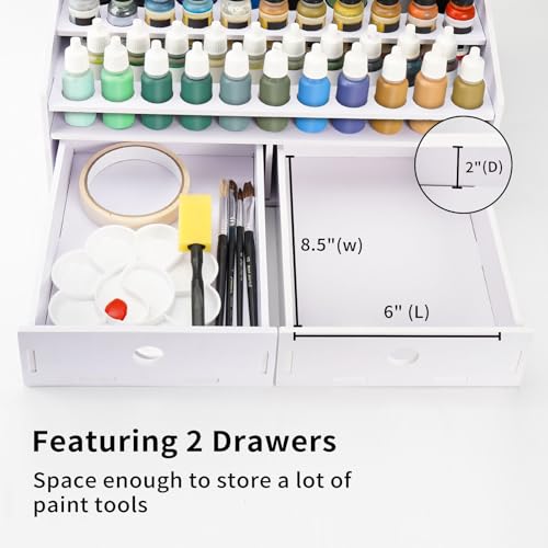 Image of Krafetto Miniatures Paint & Paintbrush Storage Organizer Rack, Craft Paints Holder with Drawer, 43 Holes for Model Paint, 16 Holes for 2 oz Paints, 22 Holes for Brush