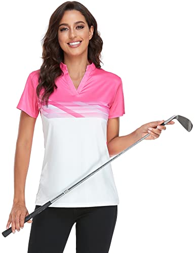 T-Shirts For Women Loose Fit Golf Shirts Polo Dress Shirts Lightweight Upf 50+ Sun Protection Polo Shirts Pink White #TOP1