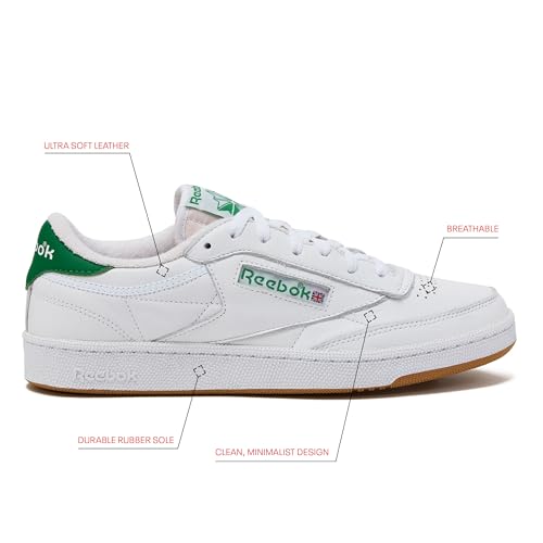 Reebok Club C Vintage Tennis Sneakers for Men, Casual White Mens Shoes, Size 7 to 15, Footwear White/Glen Green/Rubber Gum 1, 6.5