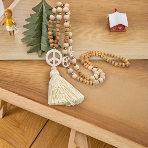 DEARMAMY Halskette Mit Quaste Und Holzperlen Friedenszeichen Anhänger Für Damen Boho Stil Ideal Layering Kette Perfekte Geschenkidee Für Frauen Zarte üßwasserperlen Und Charmante
