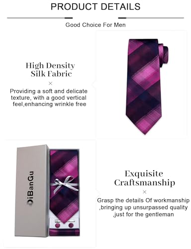 Image of DiBanGu Plaid Ties for Men Silk Checkered Necktie and Pocket Square Cufflinks Tie Clip Set with Gift Box for Wedding Business