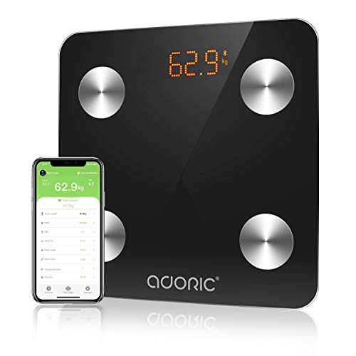 ADORIC Pèse Personne Impédancemètre- Balance Connectée Bluetooth pour IOS et Android, Multi-mesures, Marche/Arrêt Automatique, 150 KG (Noir) (noir)