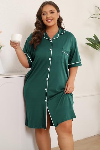 Image of Vozanet Women Button Down Nightgown Plus Size Nursing Nightshirt Boyfriend Nighty Bridal Sleepdress with Pockets XL-5XL