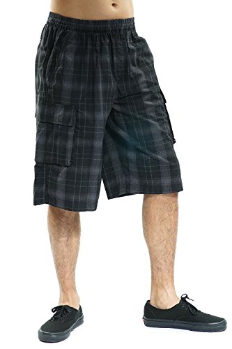 Yago Men's Elastic Waist With Drawstring Checkered Plaid Cargo Shorts (Charcoal/Black, Xxx-Large) #TOP3