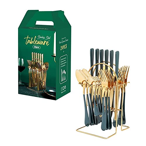 Ensemble de couverts 24 pièces acier inoxydable vert pour table et cuisine