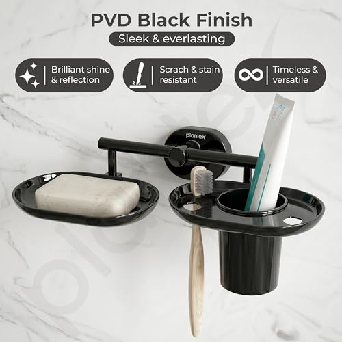 Image of Plantex J4 Stainless Steel Soap Dish with Tumbler Holder /Soap and Brush Holder for Bathrooom /2 in 1 Soap Holder with Toothbrush Holder /Bathroom Accessories (PVD Black Finish) Onix