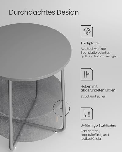 VASAGLE Beistelltisch rund, Kleiner Tisch, Couchtisch klein, Wohnzimmertisch, Korb aus Stoff, Stauraum für Wohnzimmer Schlafzimmer, Nachttisch modern, Taubengrau-schiefergrau LET223GD01