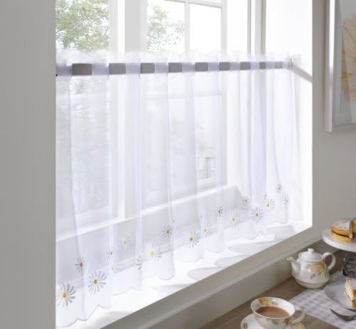 Ideal Textiles Café Voile Curtain Panel, Embroidered Kitchen Net Curtains, Daisy Flower, 59" x 24"