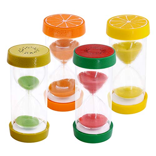 Glarks Temporizador de arena de reloj de arena estilo fruta de 4 colores, 5/10/15/30 minutos, para niños, aula, cocina, juegos, cepillado, decoración de oficina en casa