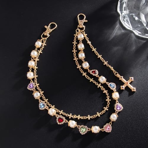 Layered Daisy Pearl Wallet Chain Rhinestone Flower Heart Cross Bag Charms Keychain Pants Jean Chains for Women Men (gold cross chain heart)