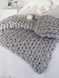 Yijiujiuer Chunky Knit Blanket Giant Throw Merino Wool Yarn Hand Made Bed Sofa Chair Mat (Light Grey