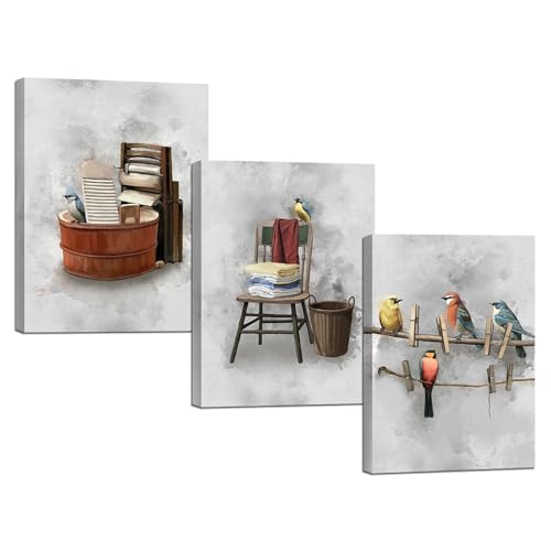 Biuteawal Vintage Laundry Room Wall Art Decor Bird Picture Painting