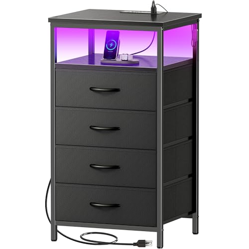 Huuger Night Stand with Charger Station and LED Lights, 4 Drawer Nightstand, Bed Side Table with Open Shelf, End Table, Fabric Dresser for Bedroom, Black