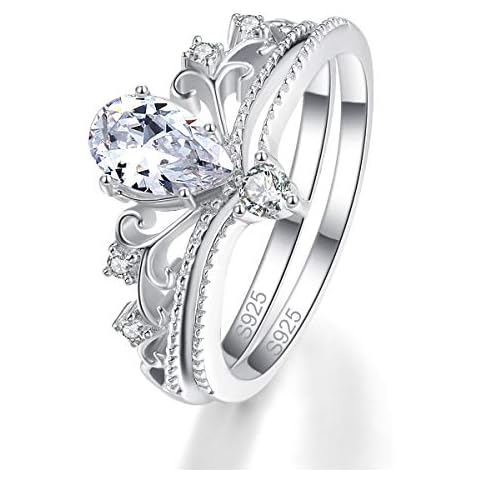 AVECON Anniversary Rings Set for Women Pure 925 Sterling Silver 5mm*7mm Pear Cut Cubic Zirconia CZ Crown Stackable Band Size O Cover