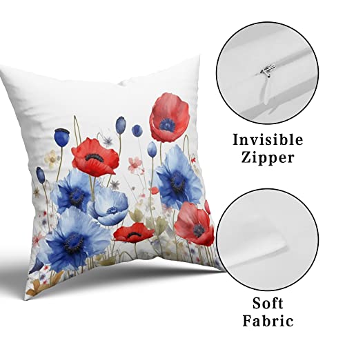 Giwawa 4Th Of July Pillow Covers 18 X 18 Set Of 2, America Patriotic Red Blue Poppy Flower Decorative Pillowcase, Sofa Cushion Case Couch Porch Patio Bed Independence Day Home Decor #TOP7