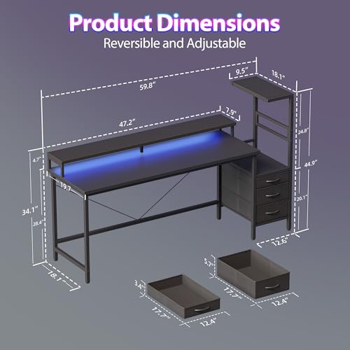 Image of Mericonia 60 inch Gaming Desk with Drawers, Reversible Computer Desk, Black | Gamer Desk with LED Lights, Power Outlets & Monitor Stand, Large Office Table for Home Bedroom Study Work Writing