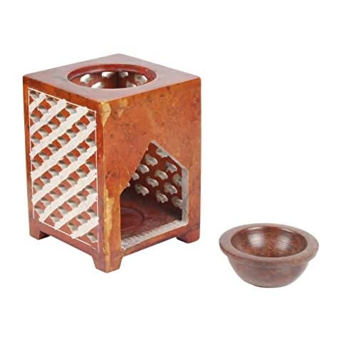Soapstone Hand Carved Jali Design Essential Oil Diffuser Burner | Decorative Tea Light Holder | Soapstone Wax Tart Candle Warmer Aromatherapy Diffuser for Meditation Porch Yoga 4 X 3.25 Inch Cover