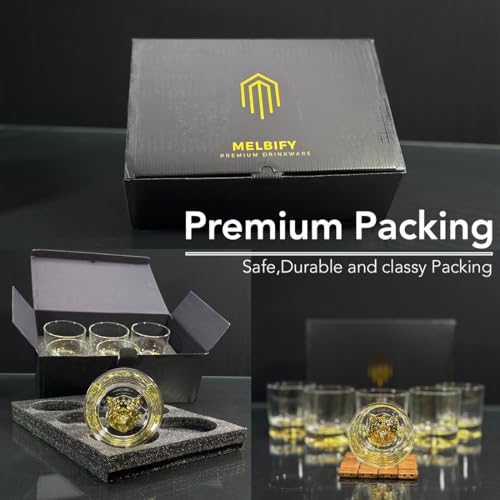Image of Melbify Gold Wolf Whiskey Glass Gift Set | 4 pcs Set | 300 ml | Ultra-Premium | Gold-Bottomed | Imported | Luxurious | Ideal for Wedding Gifts, Anniversary, VIP and Corporate Gifts