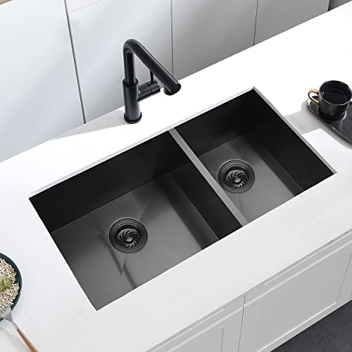33 Black Undermount Double Bowl Kitchen Sink, Dorzom 33" X 17" X 9” Gunmetal Black Double Bowl 60/40 18 Gauge Stainless Steel Right Angle Undermount Kitchen Sink H004B-331709 #TOP1