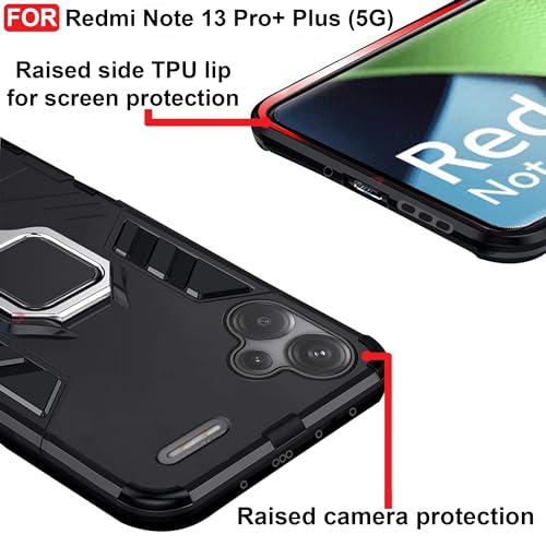 Image of CEDO Kickstand Cover for Redmi Note 13 Pro+ Plus (5G) Rugged Case | Built-in Stand Rotating Ring Holder | Military Grade Armor Bumper Back Cover (Black)