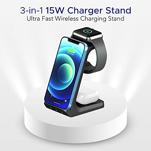 Charging Dock Stations 3 in 1 Wireless Charging Station for Apple Products - 15 Watt Qi Fast Wireless Charger Stand for iPhone 15/14/13/12/11 Series, Apple iWatch, and Airpods