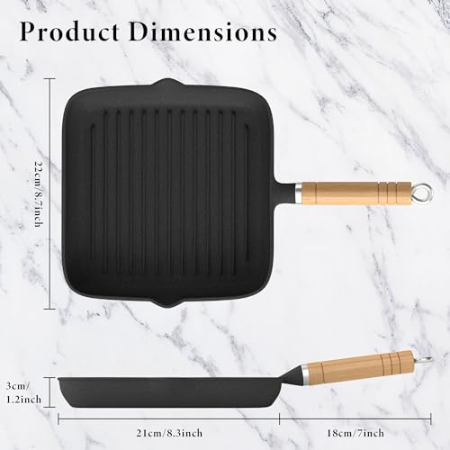 Griddle Pan 22cm/8.7" Cast Iron Grill Pan, Stripes Frying Steak Pan with Pour Spouts Suitable for All Hobs & Induction for Breakfast Home Kitchen Party Gathering - Image 5
