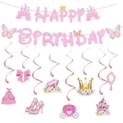 Happy Birthday Banner, 16 peças bandeiras de aniversário menina, grinalda de aniversário rosa, princesa, castelo, coroa, carruagem, recorte de papel para festa de aniversário, menina, baby shower