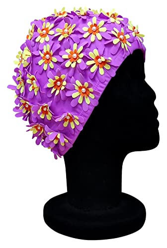 Photo de CHEX Bonnet de bain élastique pour femme Motif floral classique rétro avec découpes 3D Multicolore Joli élégant Look vintage Bonnet de bain Taille unique adulte Lilas