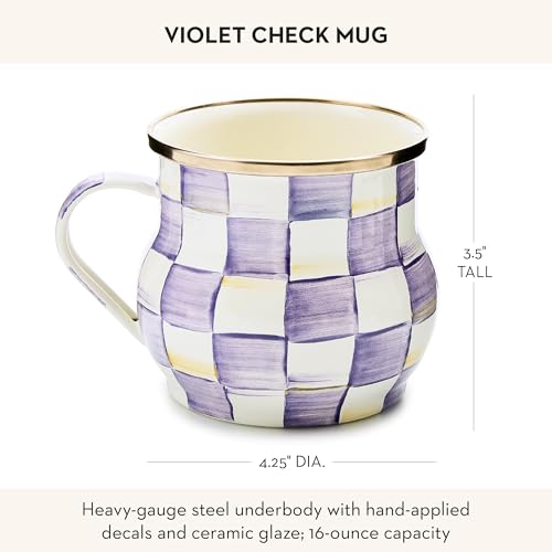 Image of MACKENZIE-CHILDS Enamel Mug, 16 Ounces, Purple-and-White Violet Check