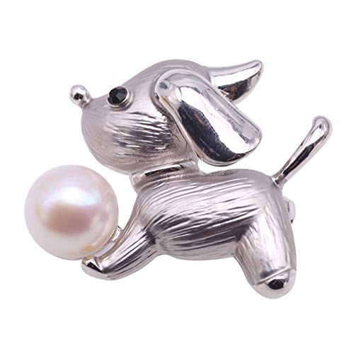 JYX Pearl Brooches for Women 11mm White Freshwater Cultured Pearl Brooch Pin Dog-Style (Silver)