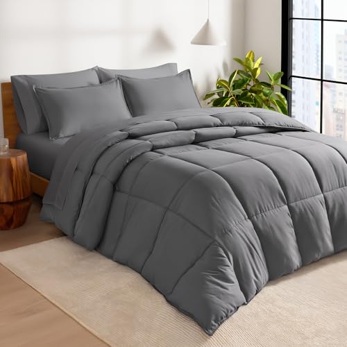 Bare Home Bed-in-A-Bag 7 Piece Comforter & Sheet Set - Queen - Goose Down Alternative - Ultra-Soft 1800 Premium - Bedding Set (Queen, Grey/Grey)