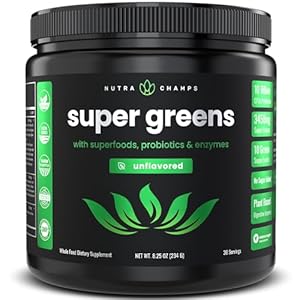 NutraChamps Super Greens Powder Premium Superfood | 20+ Organic Green Veggie Whole Foods | Alfalfa, Spirulina, Chlorella & More | Antioxidant, Digestive Enzyme & Probiotic Blends | Unflavored
