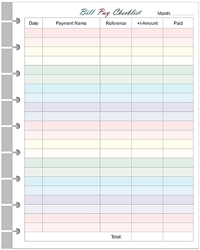 Bill Pay Checklist Refills - 50 Sheets/100 Pages Classic Size Colorful Monthly Budget Forms for 9-Disc Happy Planners, 7