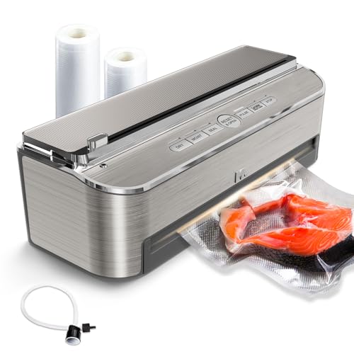 Mesliese Vacuum Sealer Machine, 85kPa 120W Automatic Food Sealer, Powerful Sealing System, Build-in Cutter | Bags Storage | Moist Mode and Air Suction Hose (Silver)