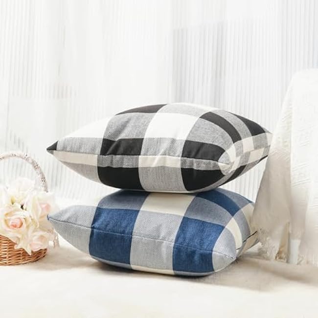 Rustic Buffalo Plaid Pillows with Inserts Set of 2, Retro Cotton Linen Decorative Throw Pillows for Front Porch Patio Decor, Classic Home Decor for Sofa Bed Couch(Black White, 18 x 18)