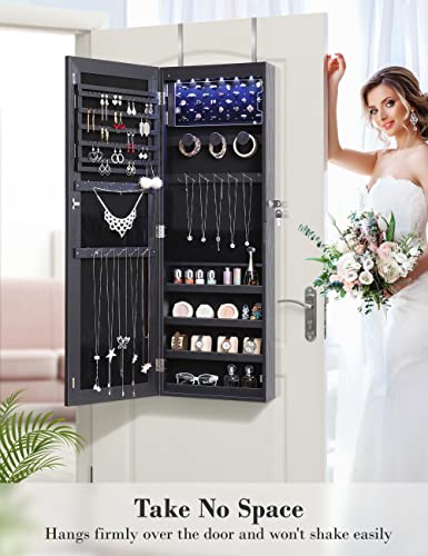 Nicetree 6 Leds Mirror With Jewelry Storage,【Upgraded 3 Improvements】 Over Door Jewelry Armoire With Mirror, Full Length Mirror Jewelry Cabinet, Wall Mounted Jewelry Organizer Box, Black #TOP5