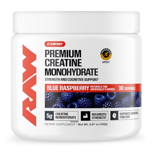 RAW Nutrition Creatine Monohydrate Powder, Blue Raspberry, 30 Servings