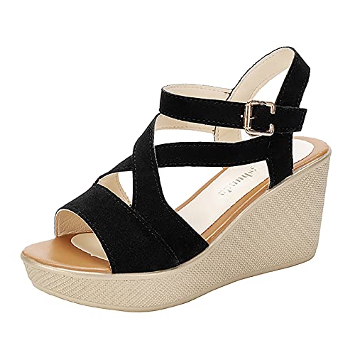 Genérico Sandalias de Mujer Sandalias Ortopedicas Mujer Ladies Strap Sandals Roman Fish Mouth Abre el causal Fashion Wedge Platform Solid Color Sandals Sandalia Plana Mujer Sandalias Mujer (Black, 37)