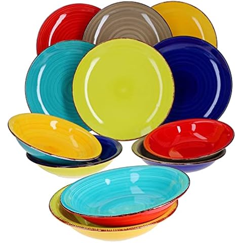 MamboCat Uni Duo 12tlg Tafel-Service für 6 Personen I 6x Suppenteller 400ml & 6x Speiseteller Ø32,2cm I 6 Farbkombis I buntes Steingut-Geschirr I tiefer Salat-Teller Cover