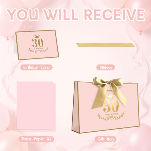 Image of JMANNI Pink Gold 30th Birthday Gift Bag with Card and Tissue Paper, 12.6 inchx8.66 inchx3.9 inch Elegant Present Bag for Adults, 30 Year Old Birthday Keepsake Party Supplies
