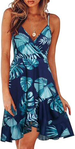 ULTRANICE Womens Summer Dresses Floral V Neck Ruffled Hem Spaghet...