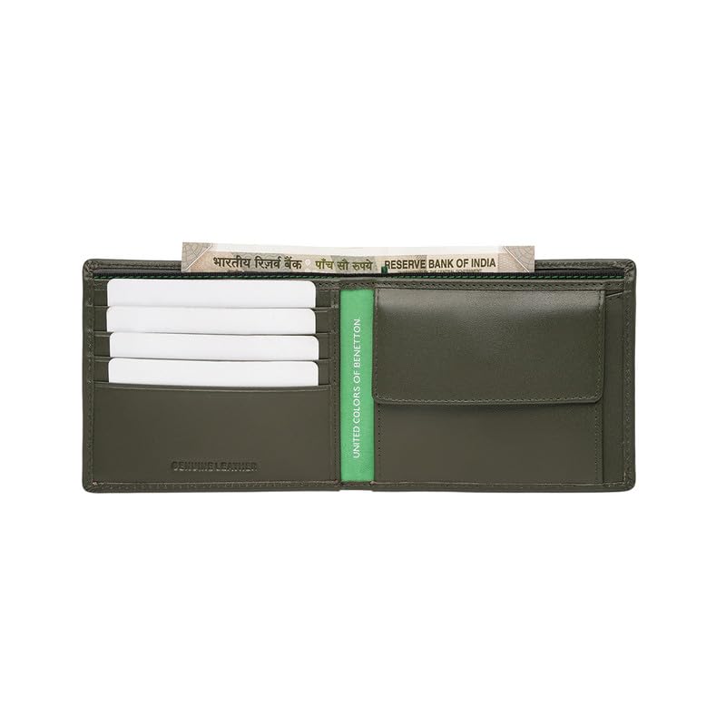 Image of United Colors of Benetton Men's Genuine Leather Global Coin Wallet Gweru - Olive | Slim Bifold with Secure Coin Pouch, 2 Compartments 4 Card Slots | Stylish Purse of Gents