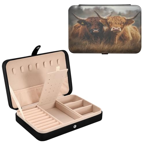 Haskirky Highland Cow Jewelry Box Portable PU Leather Travel Jewelry Organize for Women Jewelry Storage Display Holder for Ring, Necklace, Earring