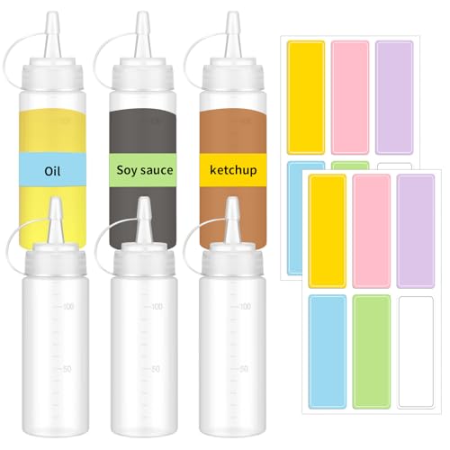 Ksheria 6-Pack 4 oz Leak-Proof Squeeze Bottles for Sauces, Oil & Liquids - Plastic Condiment Containers with 12 Reusable Color-Coded Labels, Travel-Friendly Kitchen & Camping Accessories