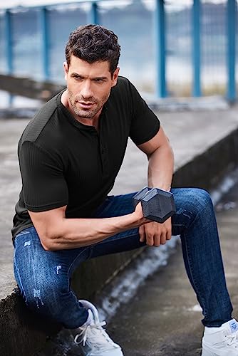 Coofandy Men's 2 Pack Henley Shirts Short Sleeve Casual Ribbed Knit T Shirts Stretch Muscle Tee Shirts #TOP7